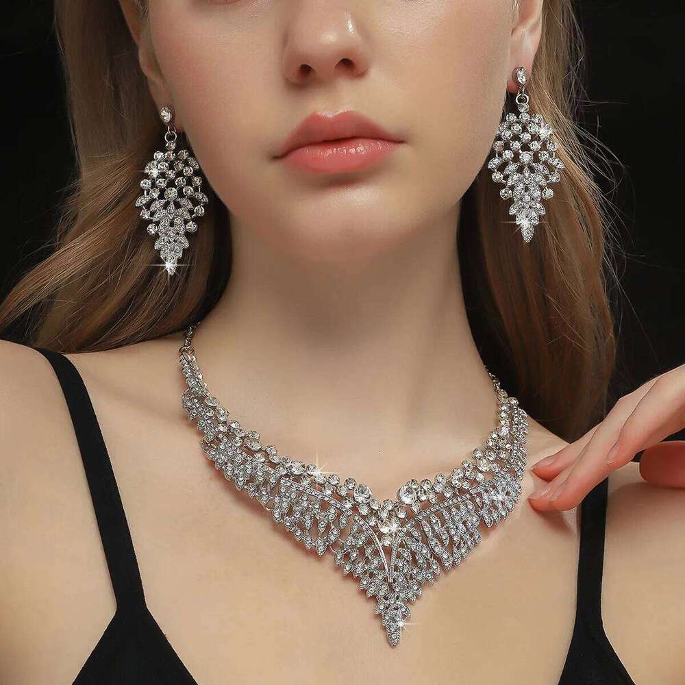 Champagne Crystal Statement Jewelry Set V-Neck Necklace Drop Earrings Bridal Wedding Prom Evening Party Glam Accessories Z260313