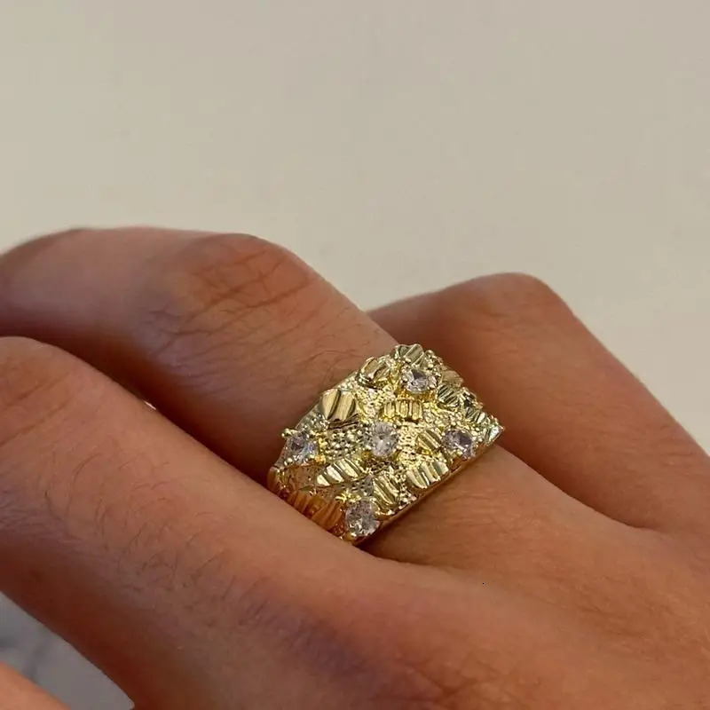 Hip Hop Gold Plated CZ Nugget Ring for Women Men Vintage Finger Ring Wedding Couple Jewelry Accessories 260309