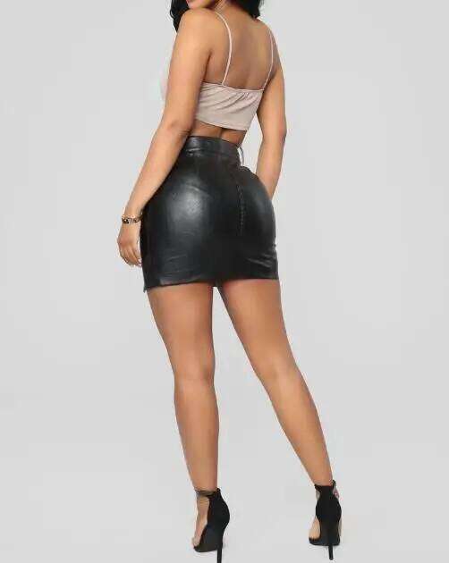 Sexy 2023 Spring Autumn Street Fashion High Waist Black Short Leather Zipper Design Bag Hip Female Skirt Z260314