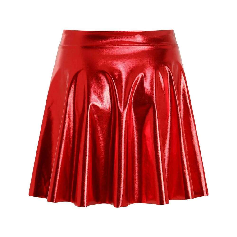 Metallic Pleated Sexy Laser Shiny Flared High Waist Pu Leather Skirt Summer Club Party Dance Mini Skirts Z260314