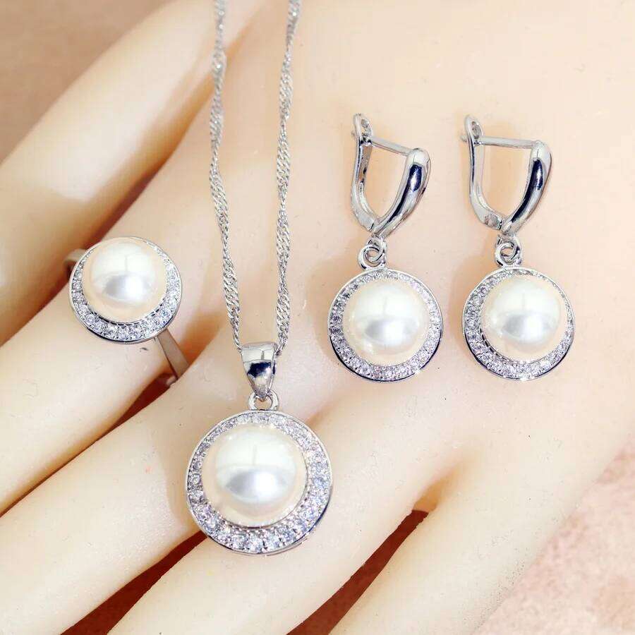 AAA Pearl White Zircon Silver 925 Sets Bridal Earrings For Women Ring Pendant Necklace Set Wedding Jewelry Gift Z260313