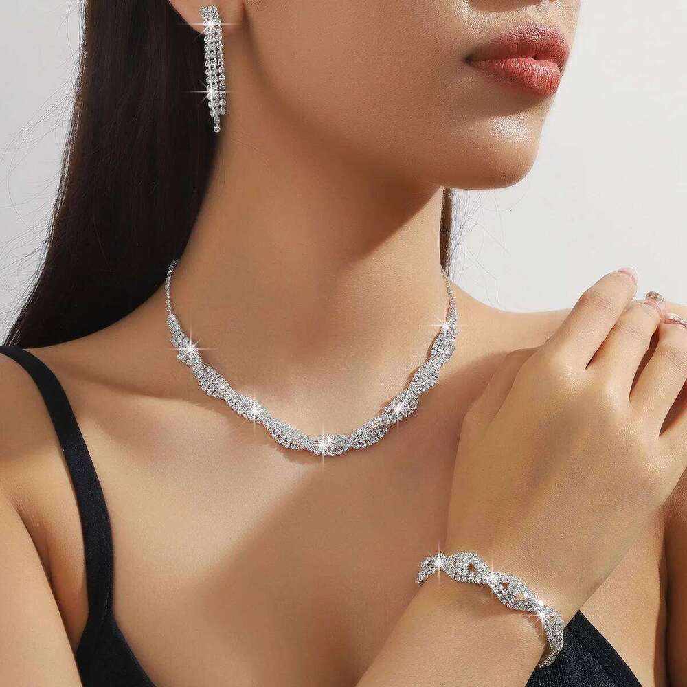 3pcs Luxury Zircon Stud Earrings Necklace for Women, Stainless Steel Hypoallergenic Wedding Banquet Sparkle Jewelry Set Gift Z260313