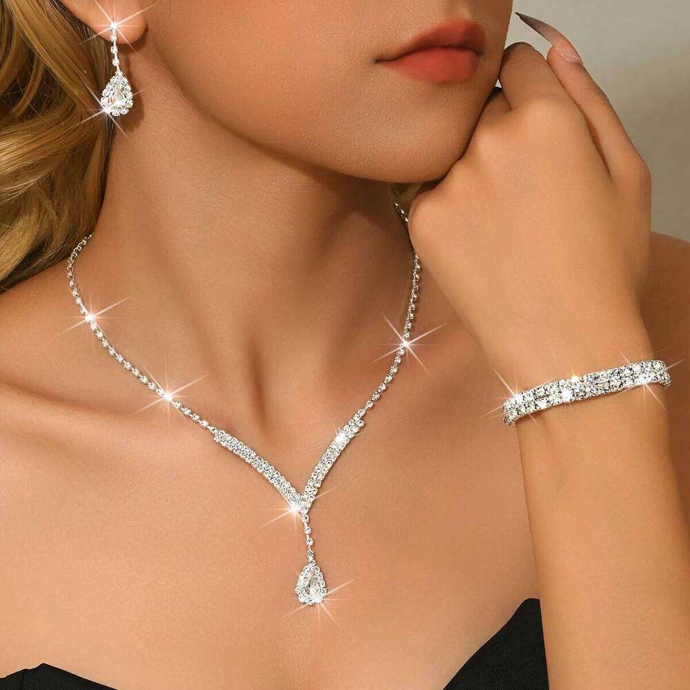 Luxurious 5pcs Silver Color Water Drop Crystal Earrings Necklace Bracelet Ring Jewelry Set for Women Wedding Party Holiday Wear Z260313