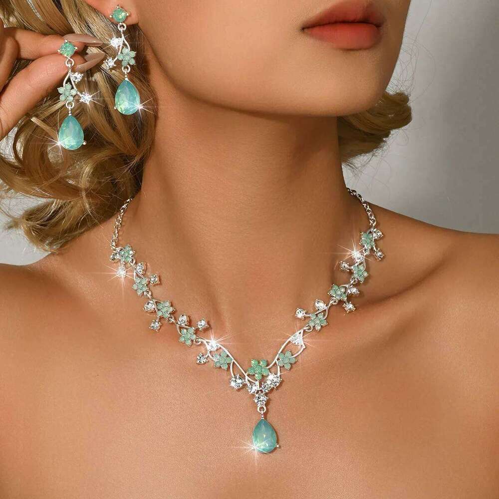 Floral Teal Crystal Necklace Earrings Set Women's Party Jewelry Flower Vine Water Drop Pendant Bridal Wedding Accessories Z260313