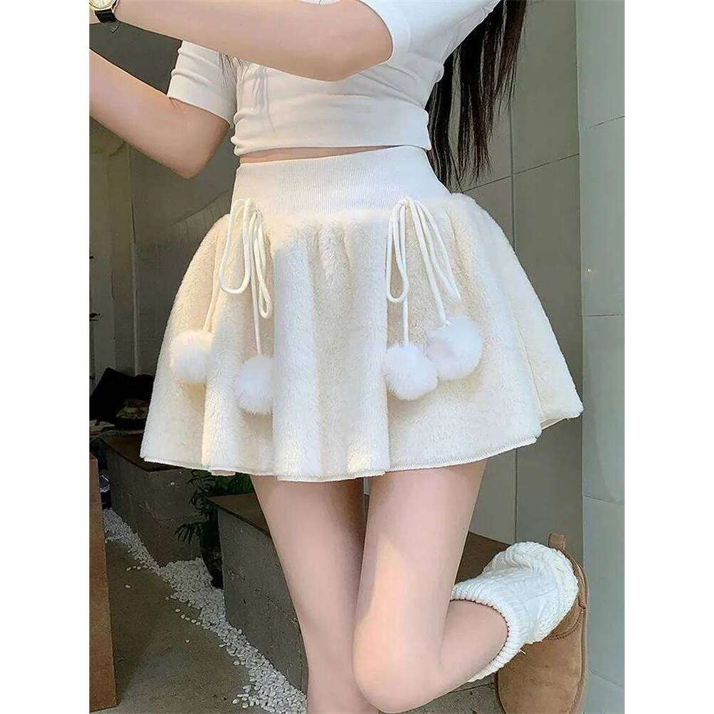 Sweet Preppy Mini Women Autumn Winter Bow Fluff Ball Patchwork Cute Skirts High Waist Loose Casual Kawaii A Line Skirt New Z260314