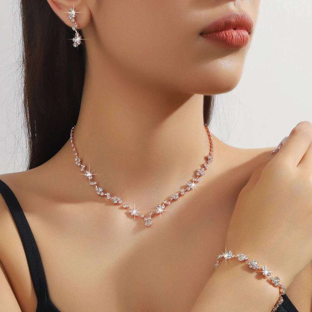 2025 Trendy Rose Gold Star Jewelry Set 3pcs Necklace Bracelet Earrings Sparkle Crystal Choker for Women Party Daily Outfits Z260313
