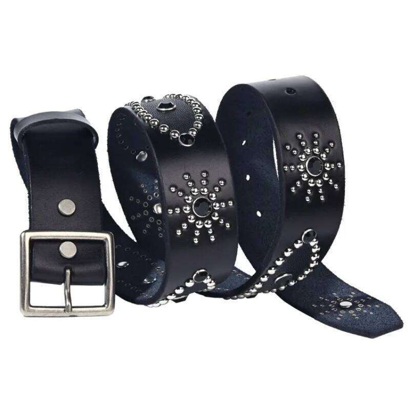 4.5cm Wide Hiphop Style Men's Cowhide Belts,Neutral Genuine Leather imitation Green Pine Inlaid Cool Personality Punk Rivet Belt Z260226