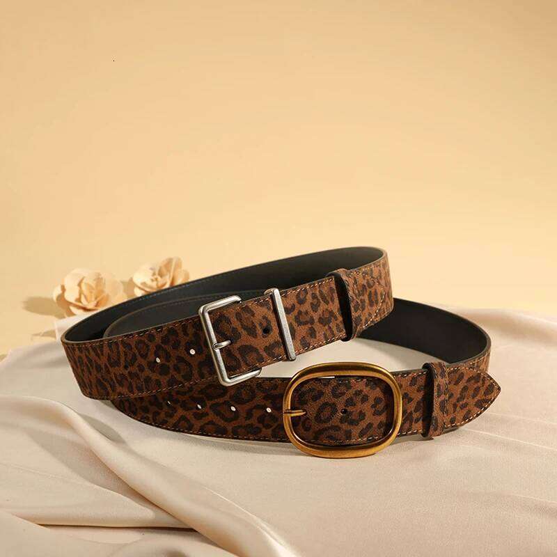 Luxury Suede Leather Belt Women, Fashion Style with Metal Buckle, Leopard Pattern Wide Belts for Dresses Jeans&Coats Z260226