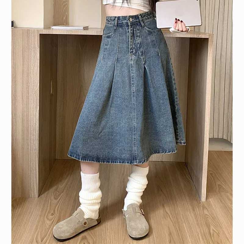 Summer Lady Chic Fashion High Waist Jeans Skirts Women Thin Mid-Long Denim Skirts s Retro Fashion Casual Denim Dress M260314