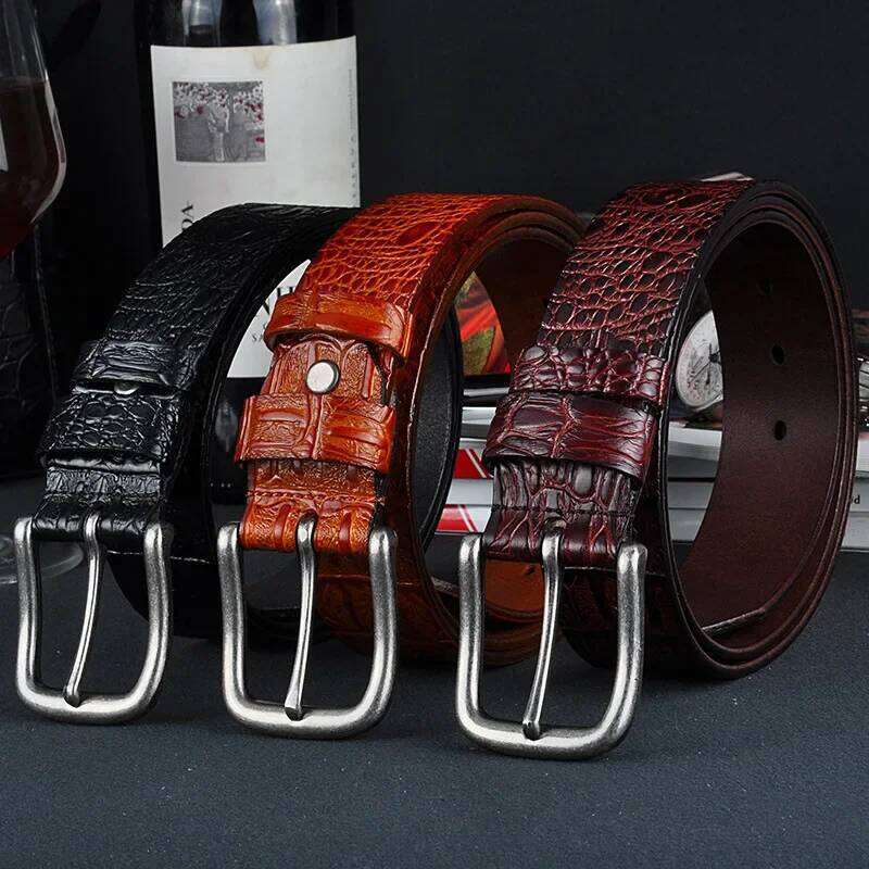 Fashion Solid Color Crocodile Pattern Cowhide Belts for Men Retro Luxury Trend Business Leather Belt Clothing Accessories Gift Z260226