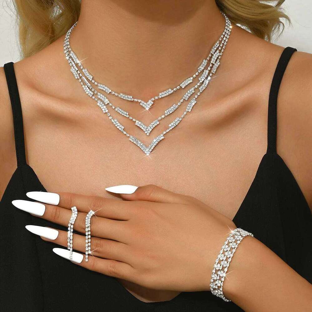 Fashionable rhinestone sparkling necklace, earrings, bracelet light luxury style, high-end jewelry set, women's Z260313