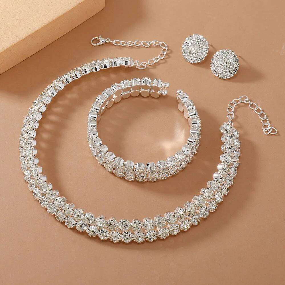 Light Luxury Double Layer Choker Necklace for Women Full Rhinestone Cuff Bracelet Stud Earring Braidal Wedding Party Jewelry Set Z260313