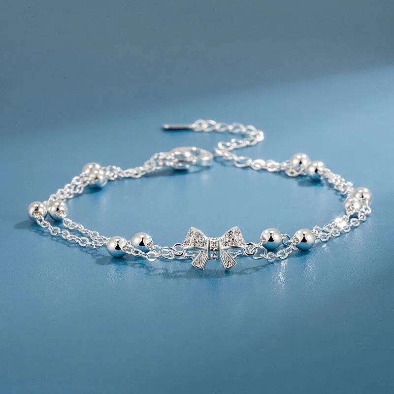 Luxury 925 Sterling Silver Zircon Bow Bracelets For Women Girls Fashion Korean Double Layer Bead Bracelet Party Wedding Jewelry Z260313