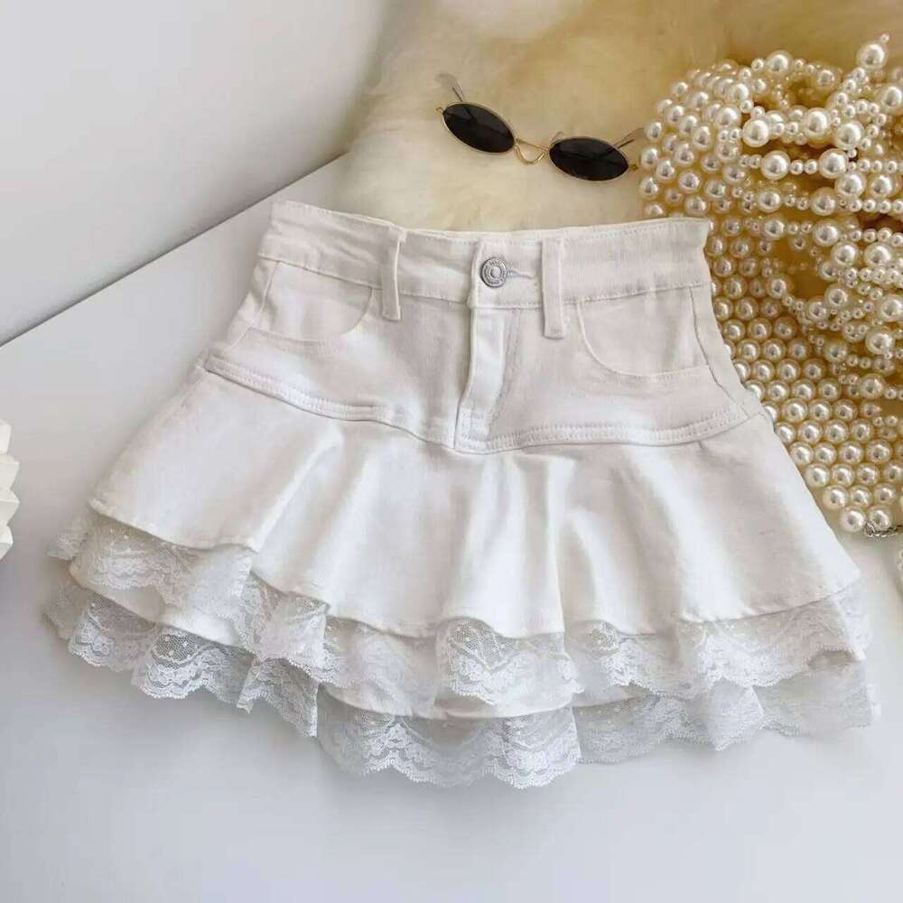 Women Fashion Streetwear Ruffles Kawaii Lace Skirts Shorts Preppy School Pleated Jeans 2025 Summer Mini Y2K Denim Skirt Z260314