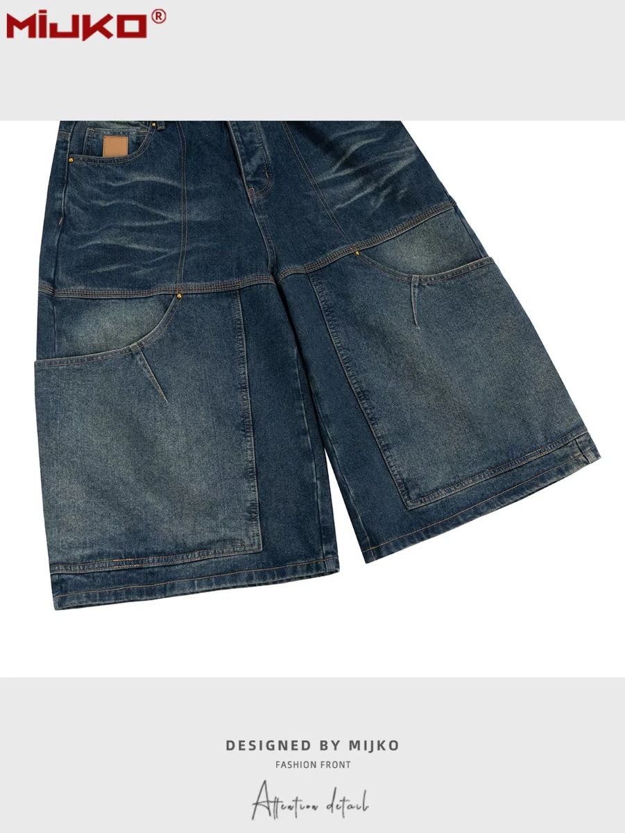 MIJKO Men's and Women's Spring and Summer New Indigo Work Denim Shorts Unisex Washed Vintage Deconstructed Design Trendy TJ169