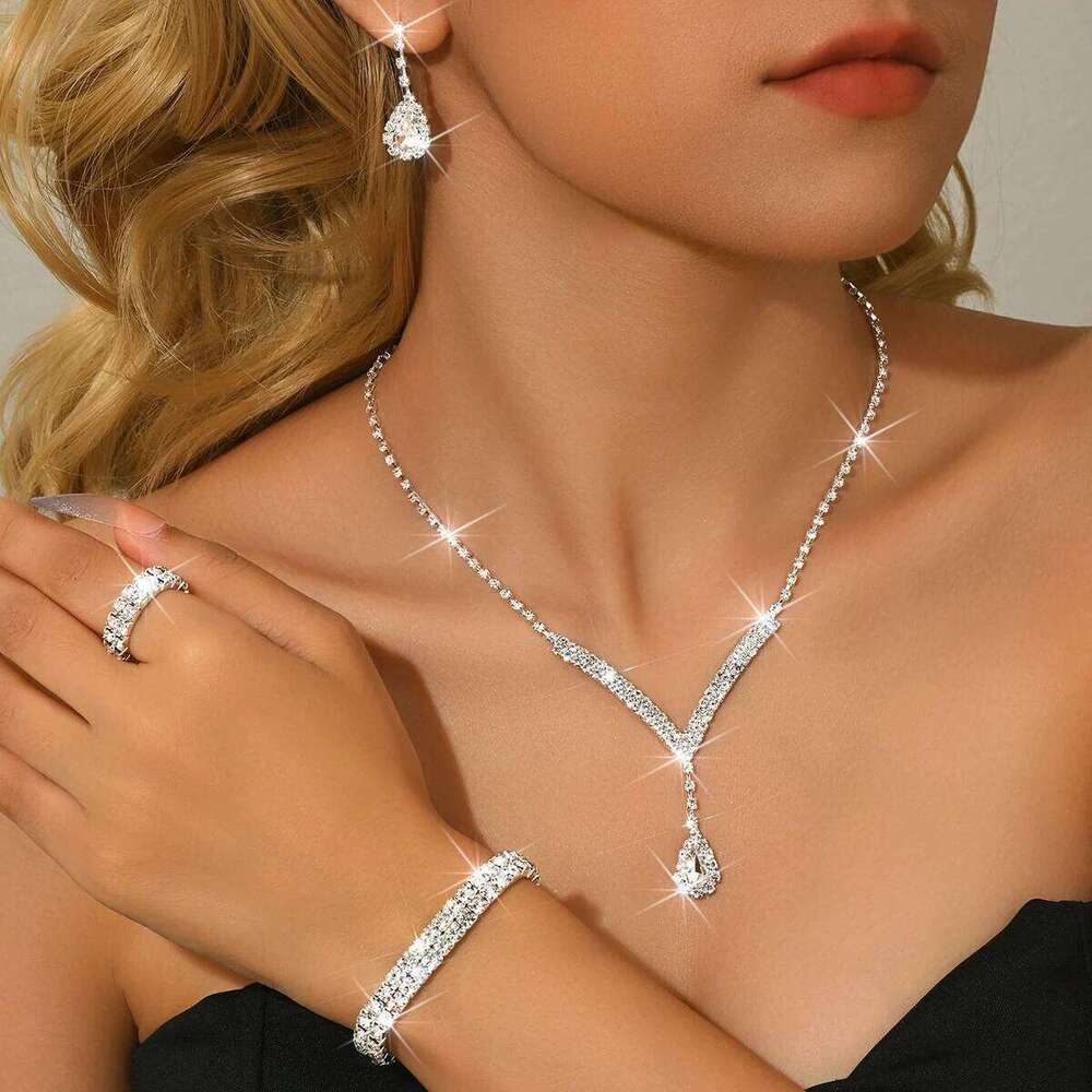 Luxurious 5pcs Silver Color Water Drop Crystal Earrings Necklace Bracelet Ring Jewelry Set for Women Wedding Party Holiday Wear Z260313