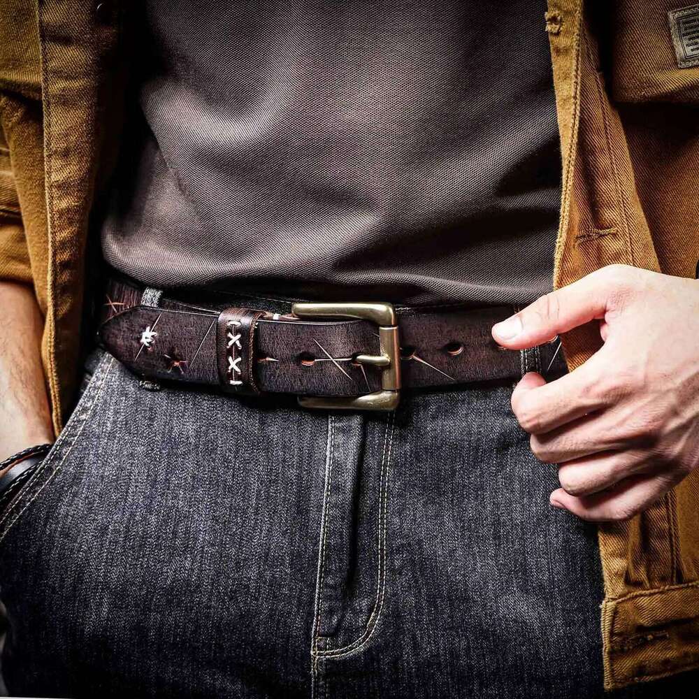 Vintage Genuine Leather Men's Belt Solid Brass Buckle, Handmade Casual Pin Buckle Thickened Italian Cowhide With Gift Box Z260226