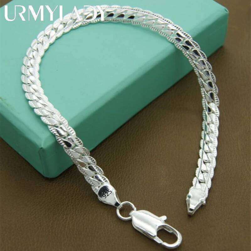 URMYLADY 925 Sterling silver Classic flat sideways chain Bracelets for women men's Fashion Party Wedding Jewelry Gifts pulseras Z260313