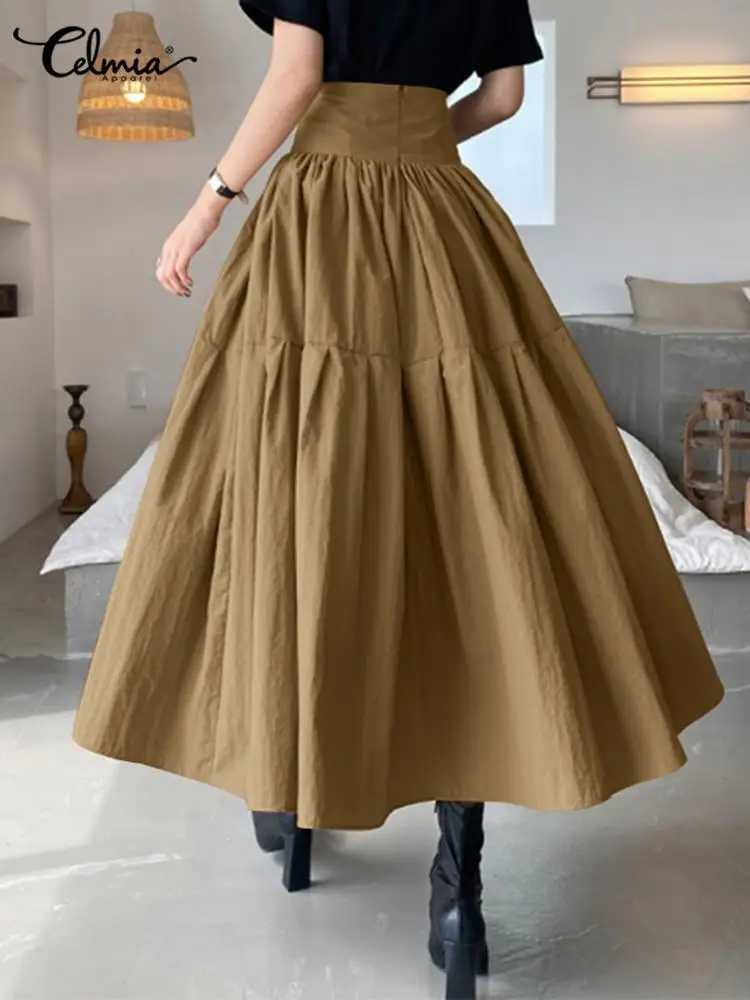 High Waist Swing Long Skirt Women Fashion Pleated Zipper Party Jupe Casual Loose A-line Skirt 2025 Vintage Beach Skirt M260314