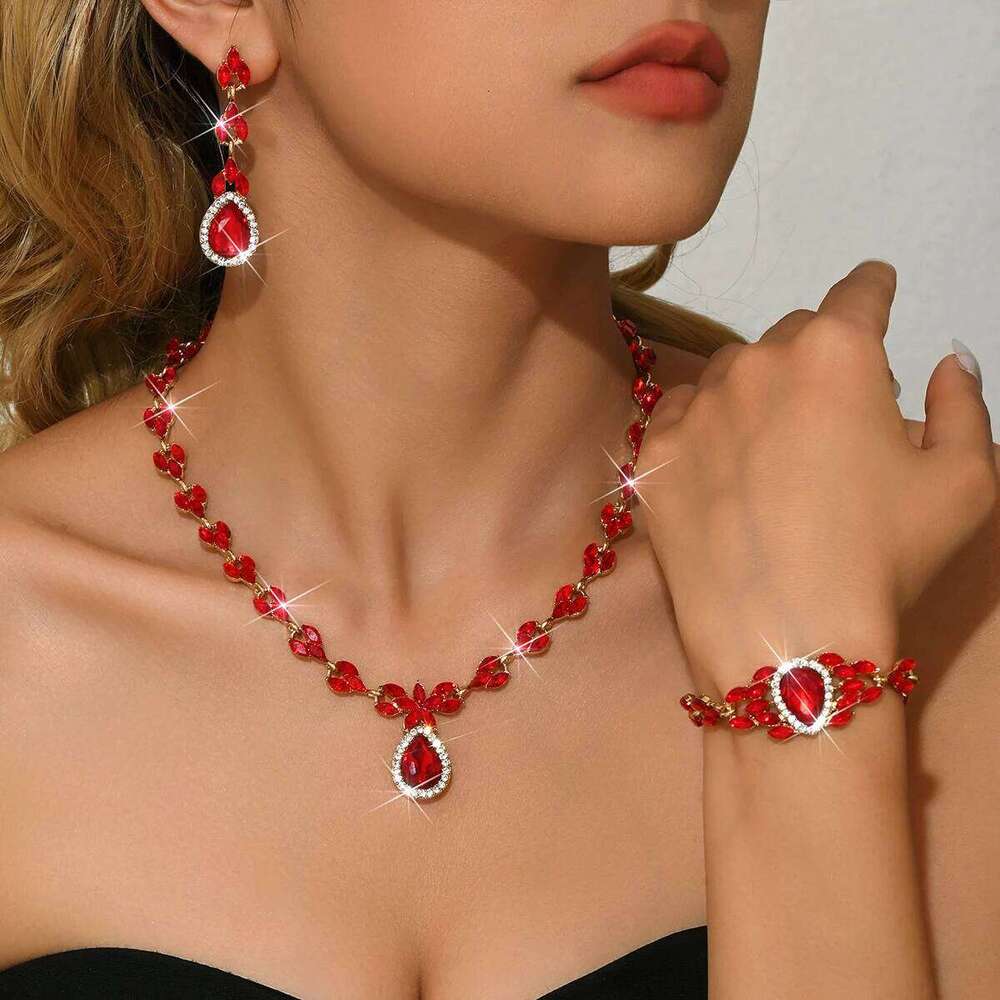 European and American New Luxury Full Diamond Bow Water Drop Set Three Piece Wedding Banquet Versatile Necklace for Women Z260313