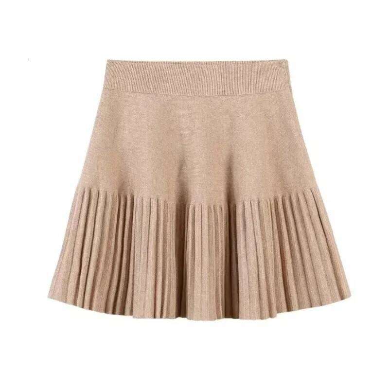 Korean Sweet Elegant Mini Skirts Women Y2K High Waist Elastic Pleated Autumn Winter Casual Vintage Fashion Knitted Skirt Z260314