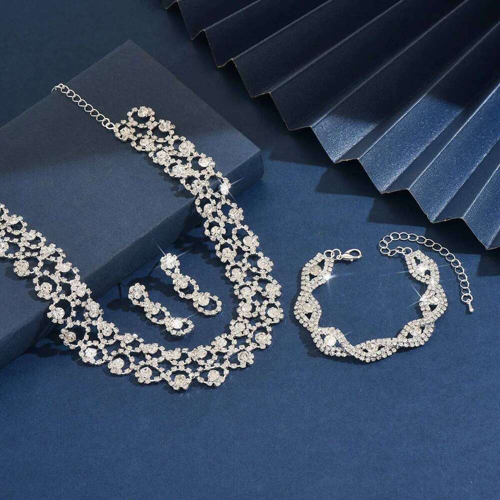 Vintage Lace Rhinestone Jewelry Necklace+Earrings+Bracelet Women's Bridal Crystal Choker Set for Wedding Party Evening Dre Z260313