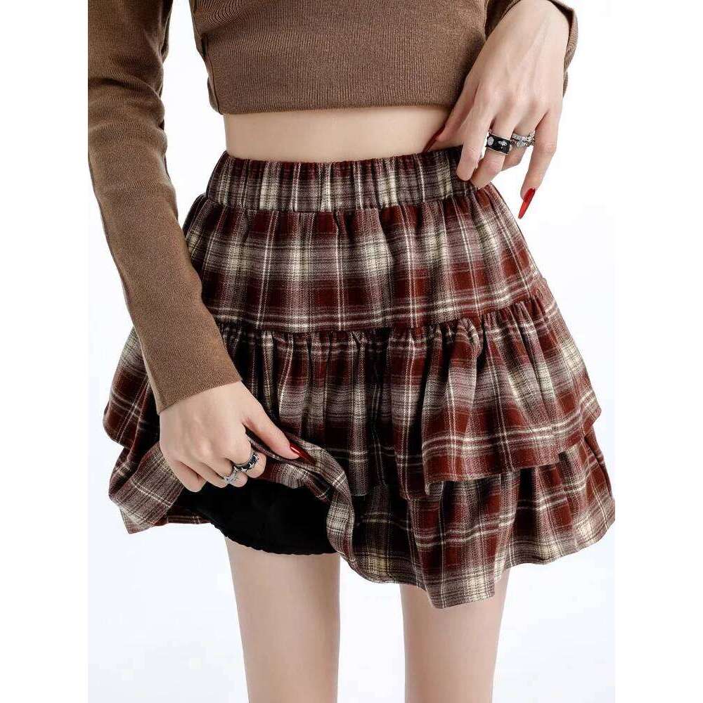 Plaid Mini Skirts Women Autumn Winter Color-block Tierred Ruffles Elastic Waisted A-line Cake Skirt Streetwear Korean Style Z260314