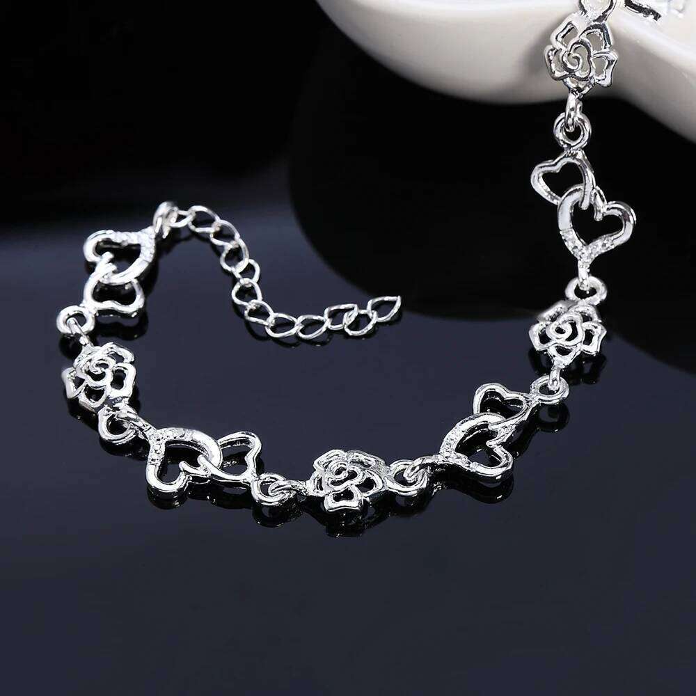 Beautiful 925 Sterling Silver Bracelet for women bracelet HEART lovely FLOWER chain fashion Wedding Party cute lady nice jewelry Z260313