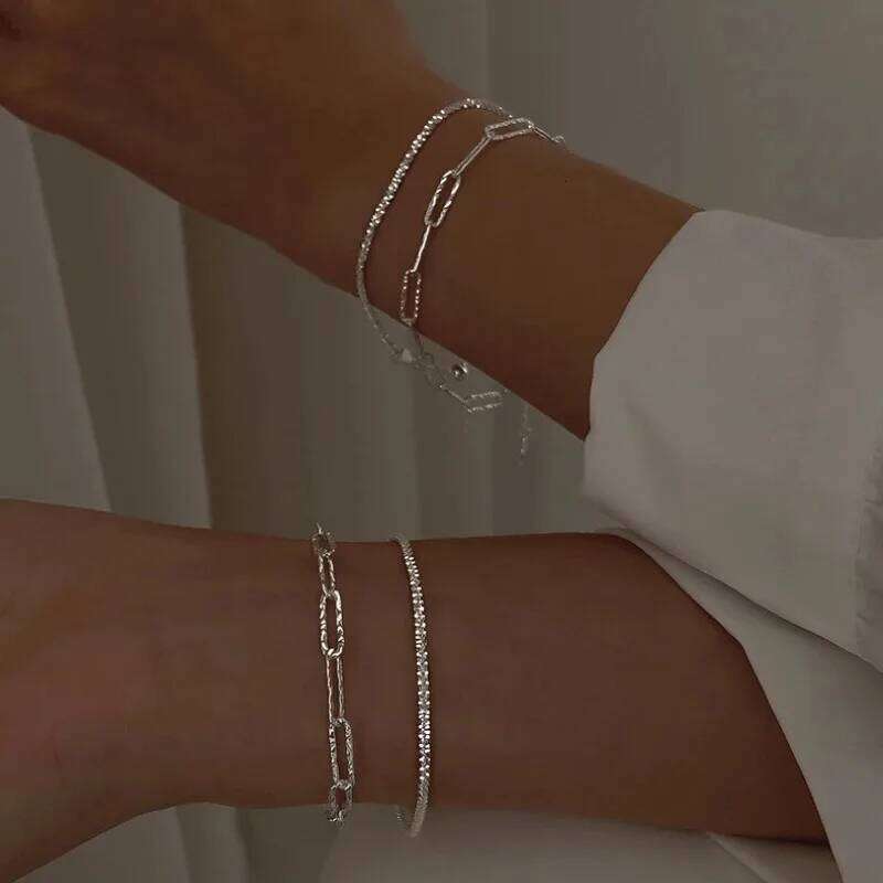 2/6PCS 925 Sterling Silver Link Chain Bracelet for Women Girls Luxury Sparkling Crystal Minimalist Daily Wear Jewelry Gift Z260313