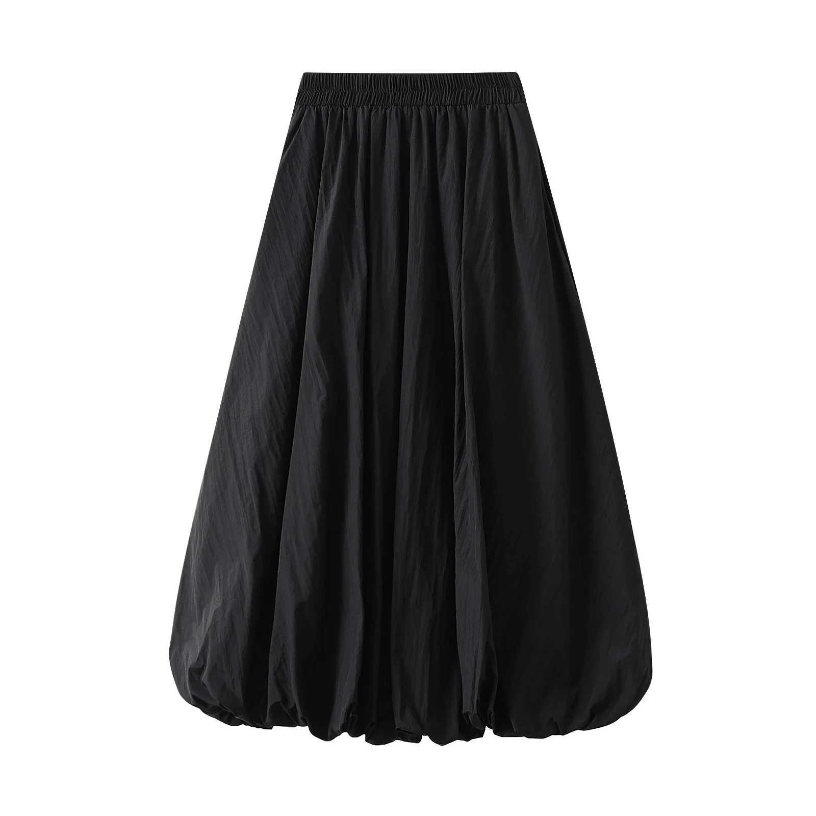 Combhasaki Womens Elegant Elastic High Waist Solid Color A-Line Pleated Pufll Hem Casual Flowy Balloon Bud Midi Skirts M260314
