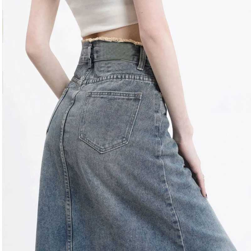 Summer Female Chic Raw Edge Thin Jeans Skirt Lady Retro Blue Mid-Long Dress Women Trendy Solid High Waist Denim Skirt M260314