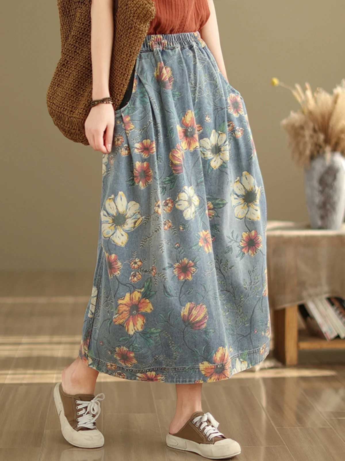 Elastic Waist Denim Skirt Womens Spring Summer New Sle Artistic Retro Loose Casual Print Splicing Mid-Length Skirt M260314