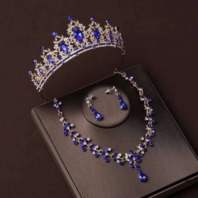 Itacazzo Bridal Headwear Crown Necklace Earrings Four Piece Set of Blue Colour Women's Exquisite Party Tiaras Z260313