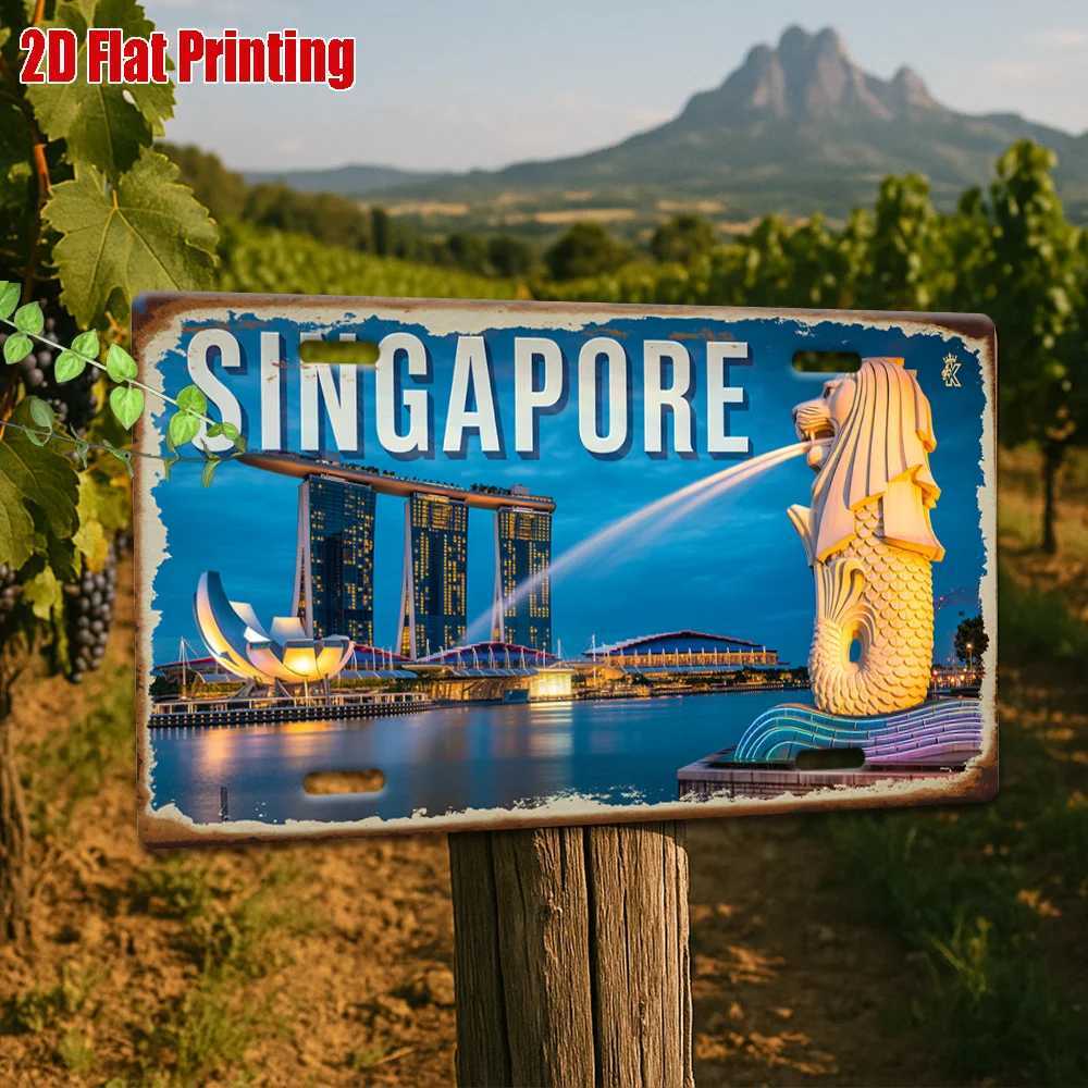 Printing Singapore Marina Bay and Merlion Scene Metal License Plate Decorative Signs Plaques Vintage Aluminum Sign P D260314