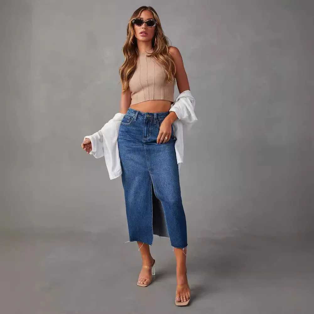 2026 Denim Long Skirt Women Vintage Split Skirts High Waist Washed Distressed Button Pockets Summer Y2k Streetwear A Line Punk M260314