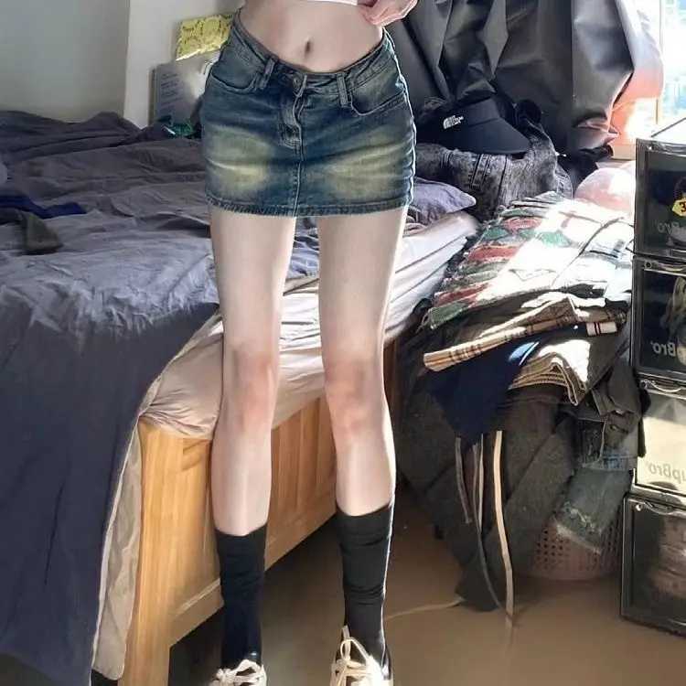 Retro Faded Denim Mini Skirt Womens Small Size Summer New High Waist Loose Fit Anti Exposure Skirt Cotton Denim Half Body Skirt M260314