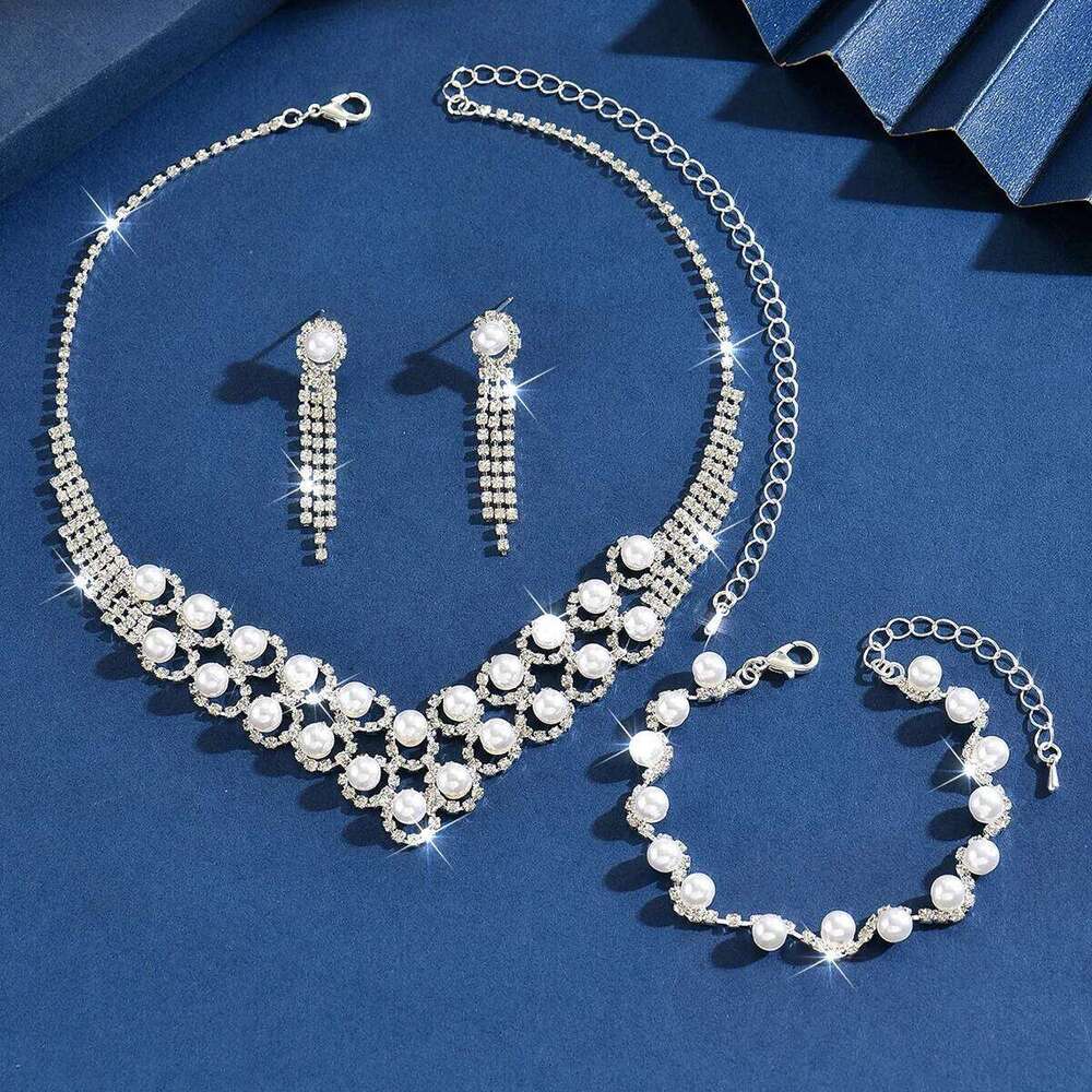 Vintage Pearl Rhinestone Jewelry Set Women's Necklace Earrings Bracelet 3Pcs Choker Party Wedding Formal Accessories Z260313
