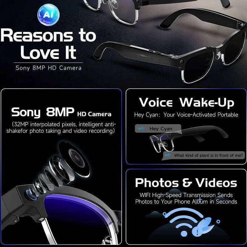 2026 New Al 8Mp HD Camera Video Voice Record Translation Photo Recognition WIFI Transmission BT Call Smart Glasses