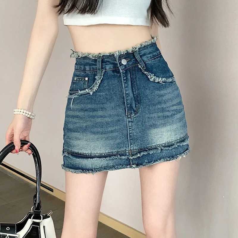 Summer s Vintage Raw Edge A-line Denim Skirt Female Chic High Waist Short Dress Lady Fashion Casual Wrap Hip Jeans Skirt M260314