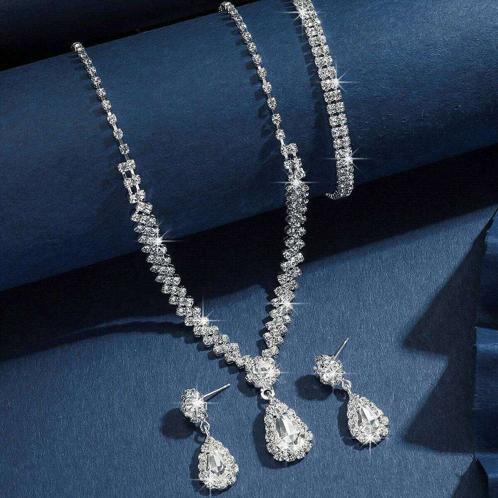 Silver Crystal Jewelry Set Necklace Earrings Bracelet Teardrop Pendant Bridal Accessories for Wedding Prom Evening Party Gift Z260313