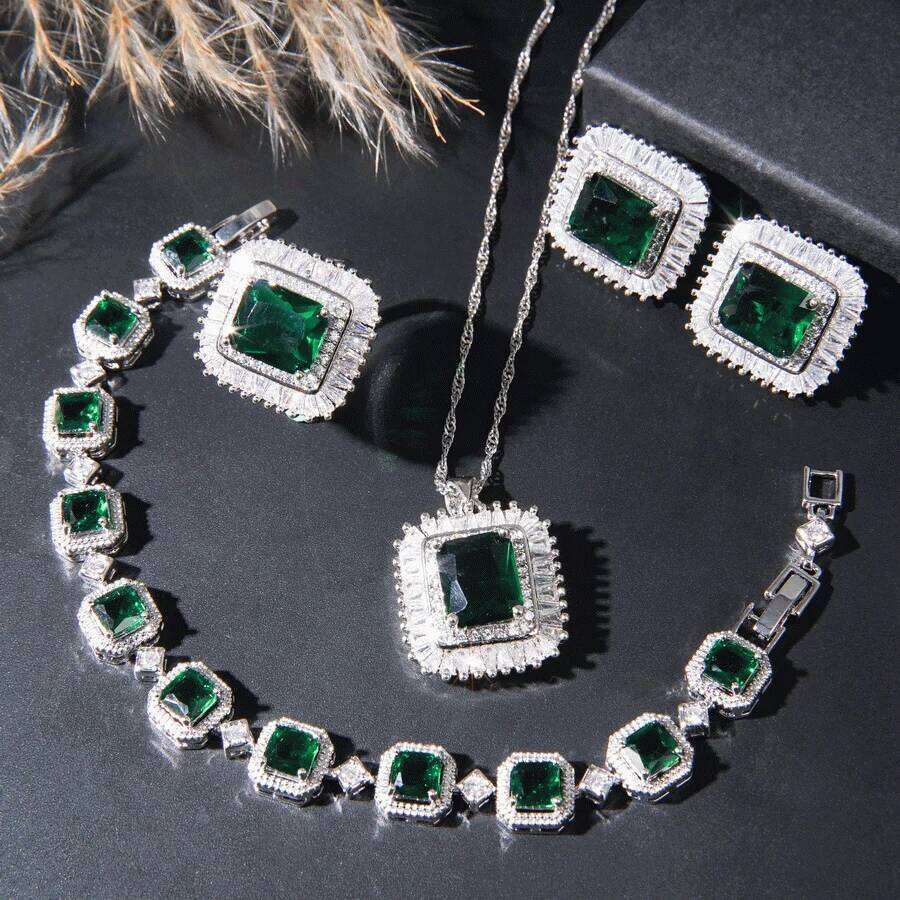 Sparkling For Women Square Cubic Zirconia Jewelry With Ring, Earrings, Pendant, Necklace Set, Bridal Bridesmaid Wedding Gif Z260313