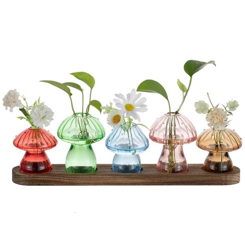 Mushroom Glass Planter Vase with Wooden Base Cute Indoor Greenery Plant Propagation Stations FlowersHydroponics Home Decor Y260314