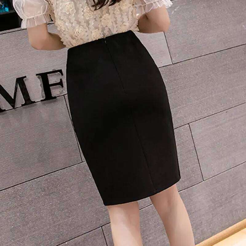 Summer New Button Split Short Skirts High Waisted Elastic Professional OL Women's Patchwork Zipper Bag Black Wrap Hip Half Skirt Z260314
