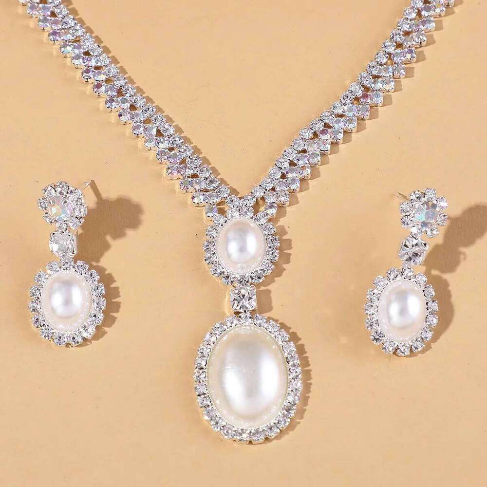 3PC imitation pearl inlaid rhinestone women's earrings necklace geometric design sense wedding party holiday gift Z260313