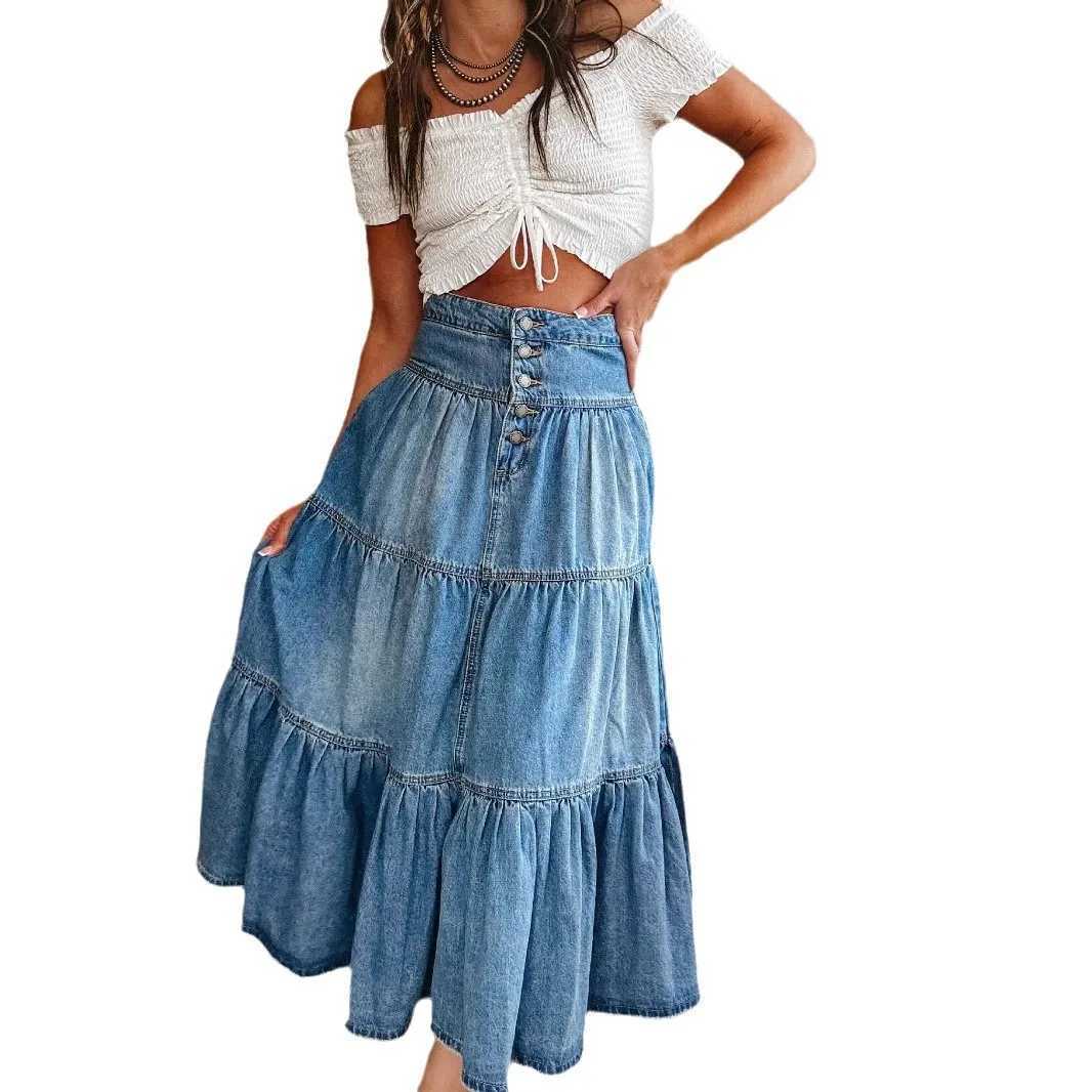 Bohemian Style Cowboy Skirt Women Personalized Street Fashion A-line Tiered Cake Denim Skirts All-match Commuting Clothing New M260314