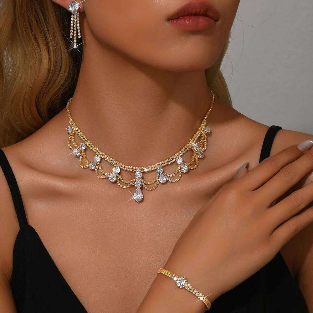 Fashionable Waterdrop Flower Set with Advanced Multi layer Hollow Collarbone Chain Fashion Accessories for Women Z260313
