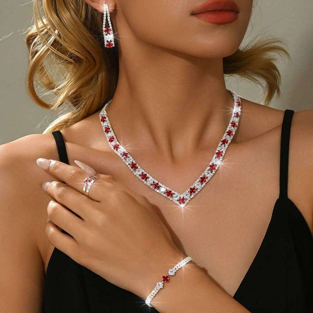 Elegant retro Korean style necklace, earring, bracelet, ring, four piece set, versatile and stylish accessory Z260313