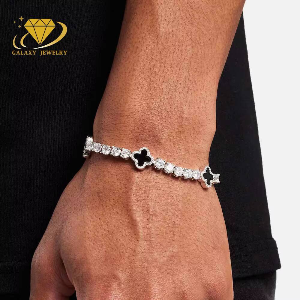 Iced Out Rapper Style Bracelet 925 Sterling Silver Gold Plated VVS Moissanite Clover Tennis Bracelet Necklace 3mm/4mm