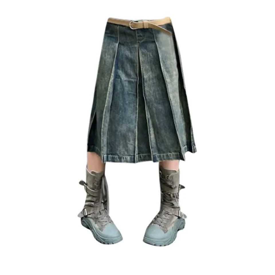 American Style Gothic Denim Skirts Women Streetwear Y2k High Waisted Vintage A- Line Middle Long Dress Trendy Fashionable Skirts M260314