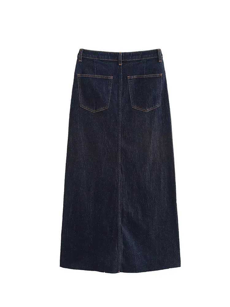TFAFXY 2025 Spring Casual Denim Long Skirts Women High Waist Zipper Front Split Long Skirts Fashion Pockets Vintage Mujer Skirt M260314